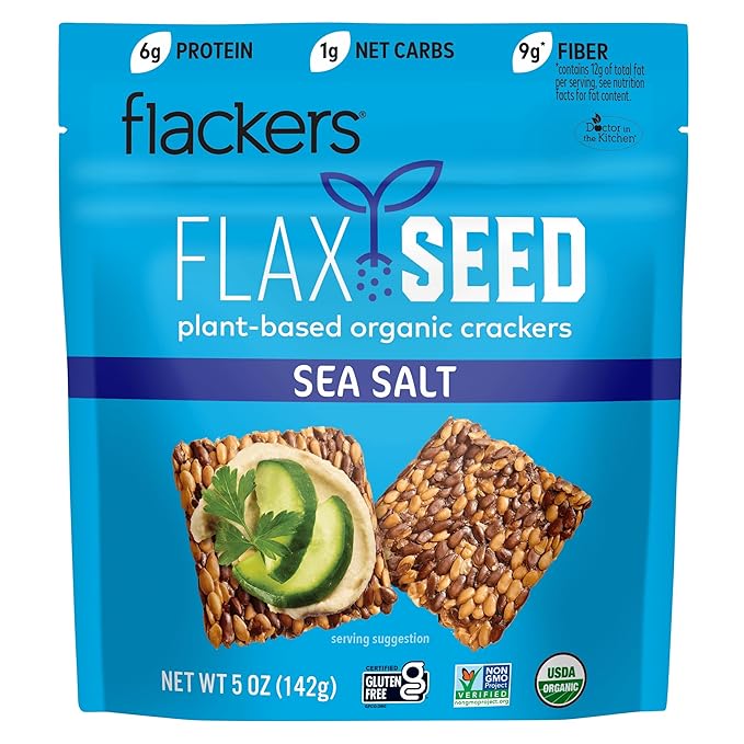Flackers Organic Sea Salt Flaxseed Crackers, 5 Ounce 6-Pack, Gluten Free, Non GMO, Vegan, Keto Snack, 9g Fiber, 1g Net Carb