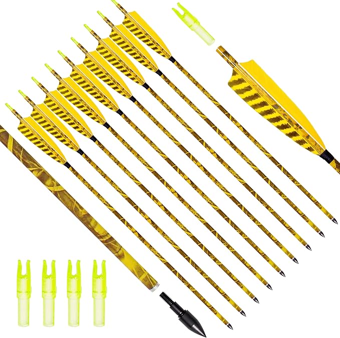 31Inch Carbon Arrow, Practice Hunting Arrows, Camo Turkey Feather Fletching, Arrows for Compound & Recurve Bow with Removable Tips Adjustable Nocks