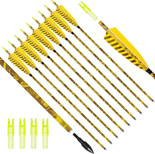 31Inch Carbon Arrow, Practice Hunting Arrows, Camo Turkey Feather Fletching, Arrows for Compound & Recurve Bow with Removable Tips Adjustable Nocks