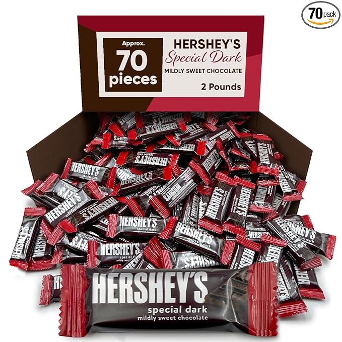 Hershys Special Dark Mildly Sweet Chocolate - 2 Pounds Approx 70 Halloween Candy Bulk Individually Wrapped - Dark Chocolate Hershys Snack Size Candy Bars - Halloween Treats for Sharing With Family and Friends