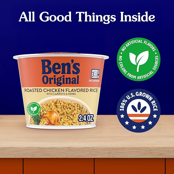 BEN'S ORIGINAL Roasted Chicken Flavored Rice Single Serve Cup, Snack or Side, Microwave in 3.5 Minutes, 2.4 oz (Pack of 8)