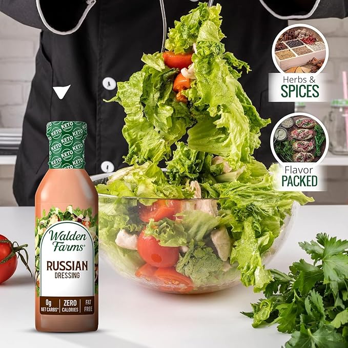 Walden Farms Russian Dressing – Calorie-Free, Gluten-Free, Low Carb, Keto-Friendly, Sugar-Free, Fat-Free, Dairy-Free Sweet & Tangy Russian Flavor – 12 oz Bottle