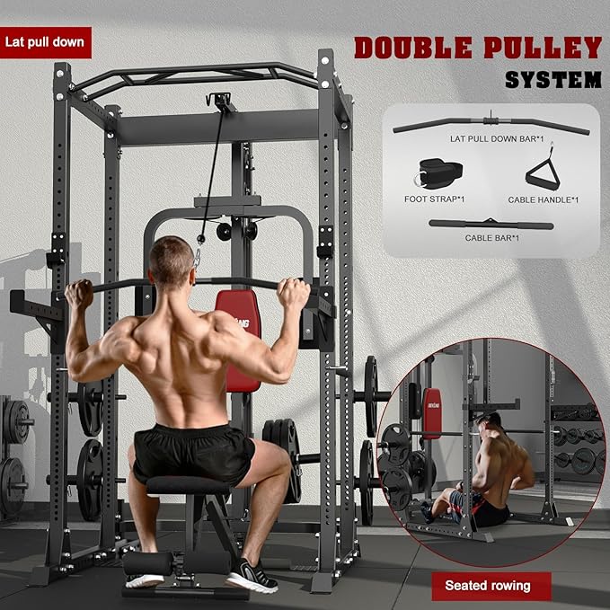 BEKING Power Cage, 2000LBS Power Rack with LAT Pulldown, 2.36" ×2.36" Multi-Functional Squat Rack, Squat Cage with Pulley System and More Training Attachments for Home Gym