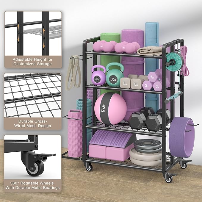 4-Tier Dumbbell Rack Stand Only, Adjustable Weight Rack for Dumbbells Kettlebells Yoga Mat, Home Gym Storage Rack with Wheels and Hooks, Powder Coated Finish