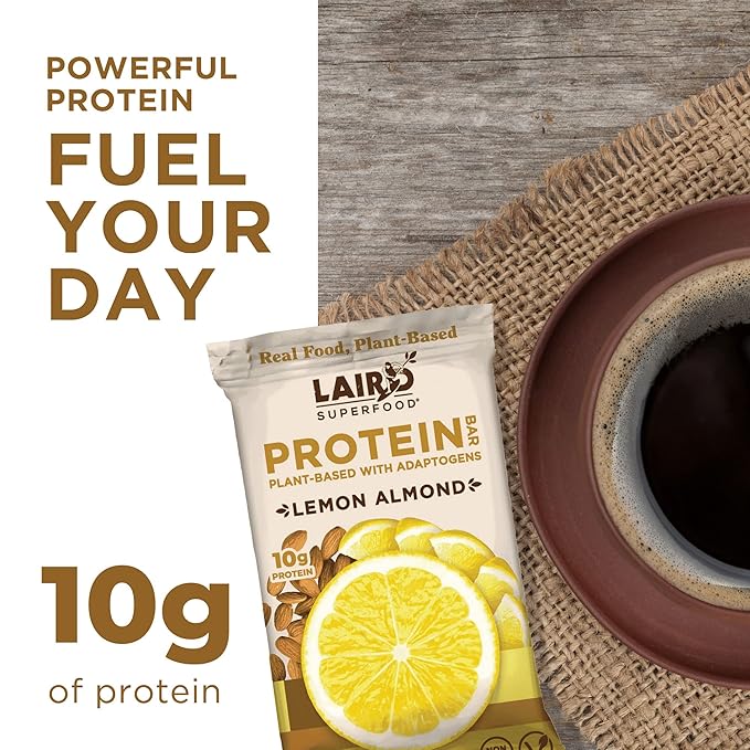 Laird Superfood Functional Protein Bars – Protein Bar but Better with Real Ingredients, Functional Mushrooms 10g Plant-Based Protein, 6g Fiber - Non-GMO - Lemon Almond, 10 Count (Pack of 1)