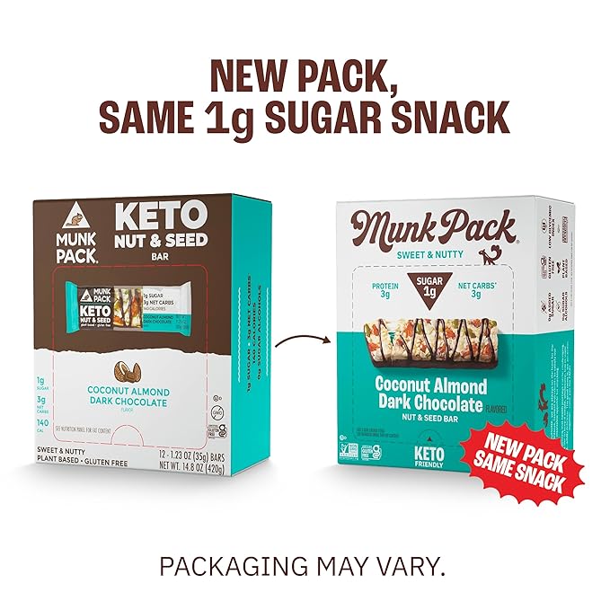 Munk Pack Nut and Seed Snack Bar 3g Protein 1g Sugar 3g Net Carbs Low Sugar Keto and Gluten Free Snack for Adults and Kids Coconut Almond Dark Chocolate 492 oz 12 Pack