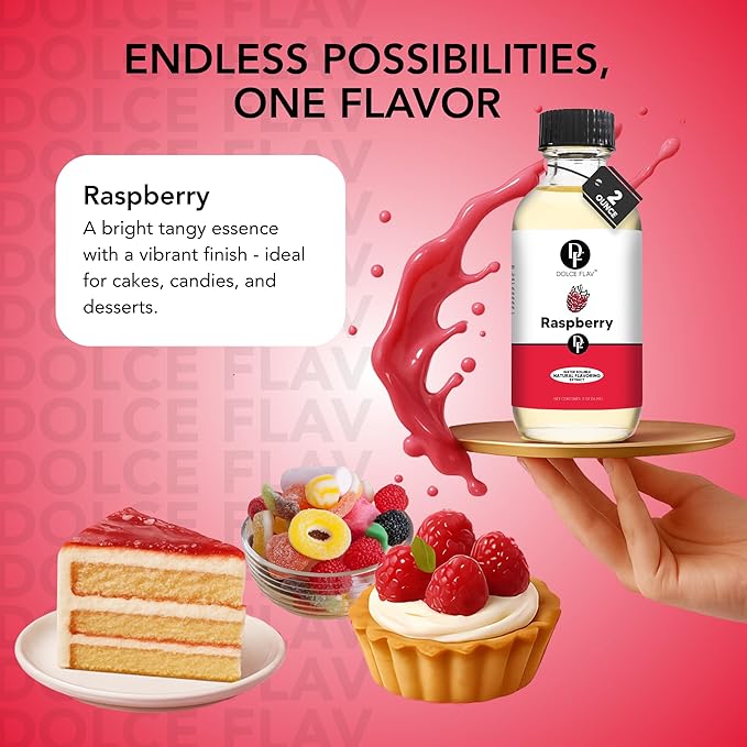 Dolce Flav Raspberry Extract (Oil-Soluble) 1 Gallon – Kosher, Sugar-Free, Concentrated Raspberry Flavoring for Chocolates, Candies & Baking