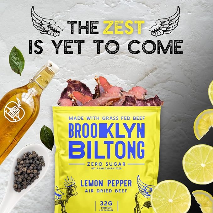 Brooklyn Biltong Air Dried Grass Fed Beef Snack, South African Beef Jerky (8oz, Pack of 2) - Whole30 Approved, Paleo, Keto, Gluten Free, Sugar Free, Made in USA - (Lemon Pepper)