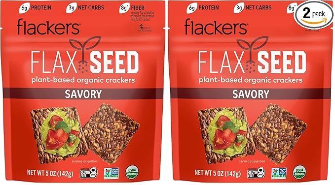 Flackers Organic Savory Flaxseed Crackers, Gluten Free, Non GMO, Vegan, Keto Snack, 8g Fiber, 3g Net Carbs, 5 Ounce 2-Pack