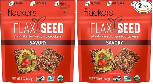 Flackers Organic Savory Flaxseed Crackers, Gluten Free, Non GMO, Vegan, Keto Snack, 8g Fiber, 3g Net Carbs, 5 Ounce 2-Pack