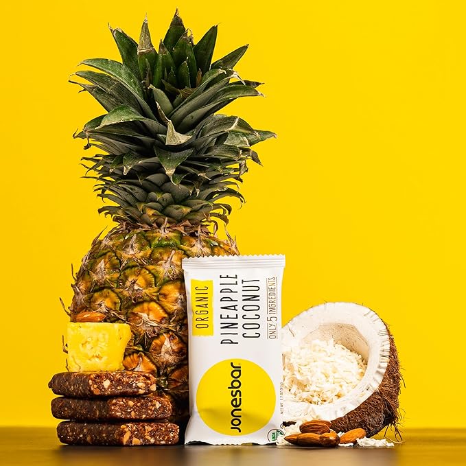 JONESBAR (Pineapple and Coconut, 12 Count (Pack of 1)), USDA Organic Fruit & Nut Bar, Non-GMO, Kosher, Vegan, Gluten Free, Simple Snack Bar