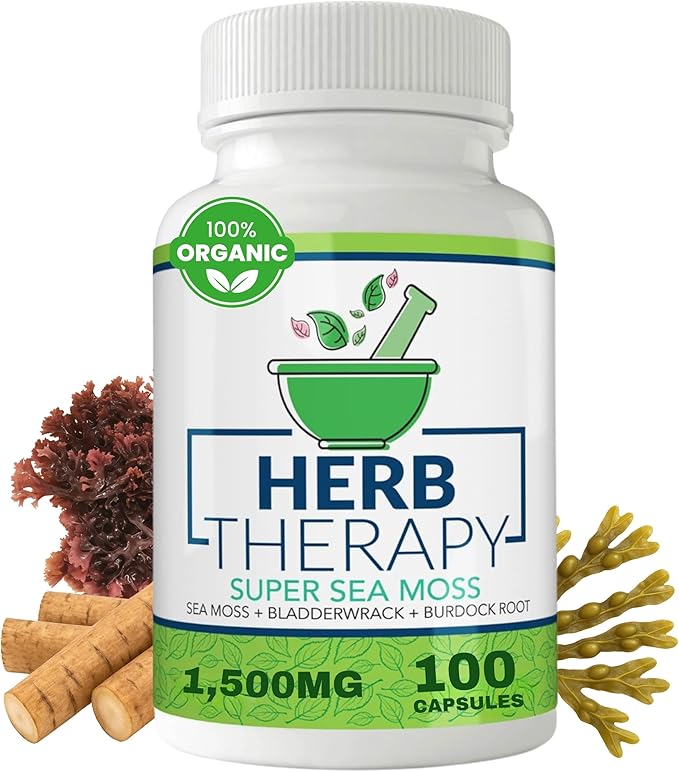 Sea Moss Capsules 100 Pack - Irish Sea Moss with Bladderwrack Powder & Burdock Root Powder - Keto & Alkaline Diet Support - No Fillers Seamoss Raw Supplement