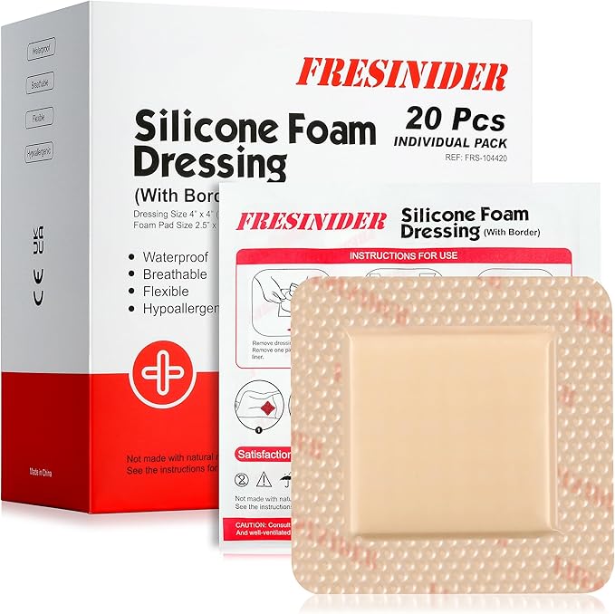 Silicone Foam Dressing with Adhesive Border – Wound Dressing Bandage – Silicone Foam Pad – Pack of 20 – 4 x 4 Inches Large Waterproof Bandages – Self Adhesive Wound Care and Dressings