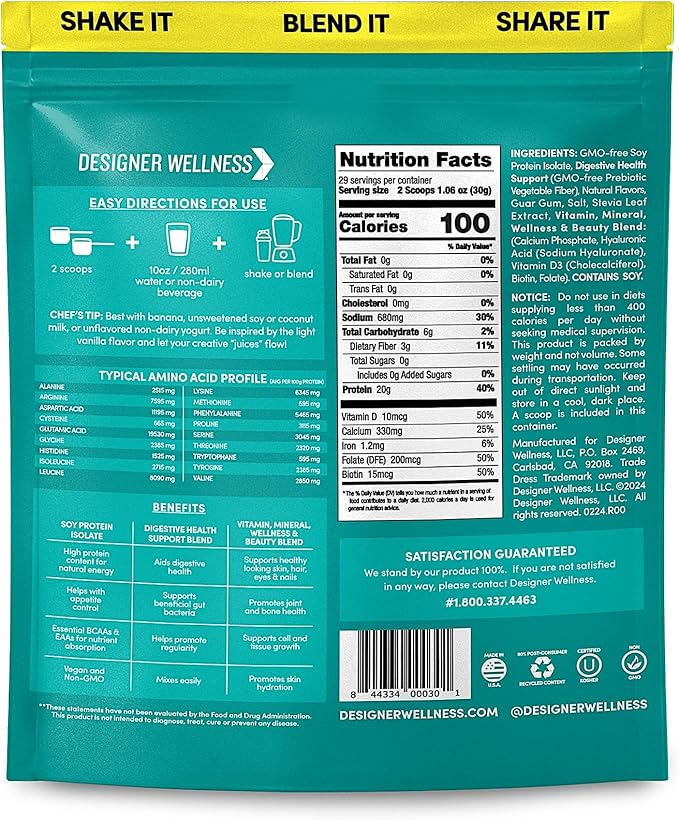 Designer Wellness, Soy Isolate Protein Powder with Biotin, Hyaluronic Acid, and Prebiotics, Vegan, 0 Sugar, Non-GMO, Angel Cake Vanilla, 1.87 lb