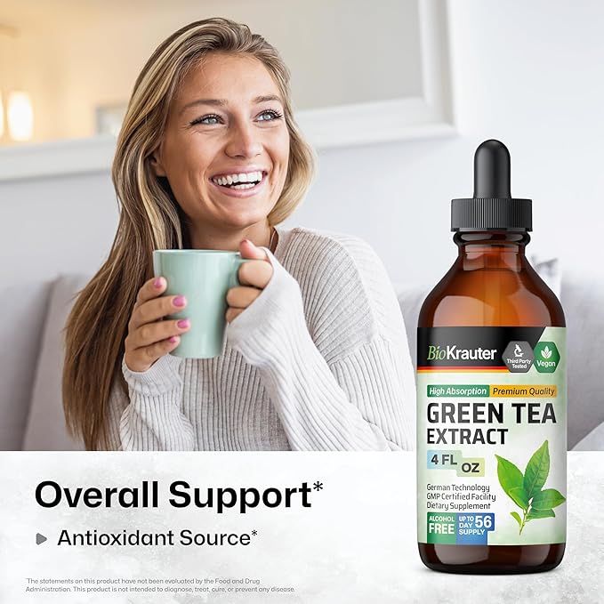 BIO KRAUTER Green Tea Extract Liquid Drops - Green Tea Supplements - Antioxidant Source - Alcohol and Sugar Free - 4 Fl.Oz.
