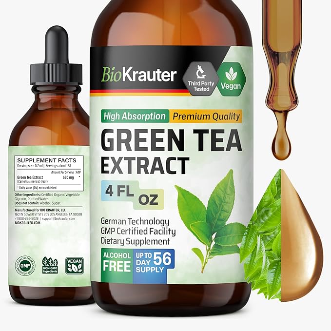 BIO KRAUTER Green Tea Extract Liquid Drops - Green Tea Supplements - Antioxidant Source - Alcohol and Sugar Free - 4 Fl.Oz.