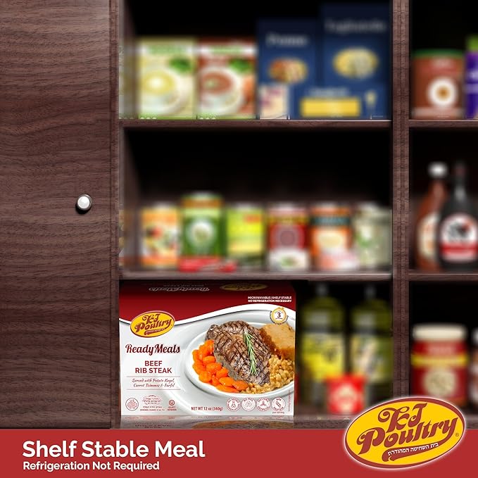 KJ Poultry Kosher Ready Meals - Beef Rib Steak & Kugel, MRE Meat Meals Ready to Eat, Shabbos Food (12 Pack) Prepared Entree Fully Cooked, Shelf Stable Microwave Dinner Travel Military Camping Survival