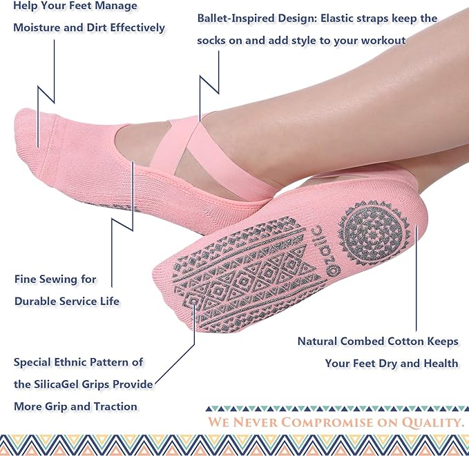 Ozaiic Yoga Socks for Women Non-Slip Grips & Straps, Ideal for Pilates, Pure Barre, Ballet, Dance, Barefoot Workout