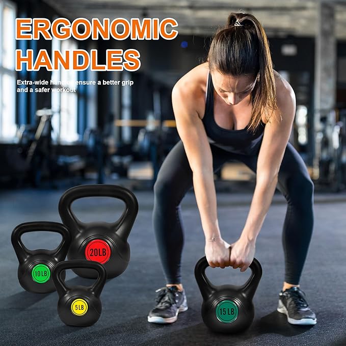 Wide Grip 3-Piece or 4-Piece Kettlebell Exercise Fitness Weight Set, Include 5 lbs, 10 lbs, 15 lbs and 20 lbs, Set of 3 or Set of 4