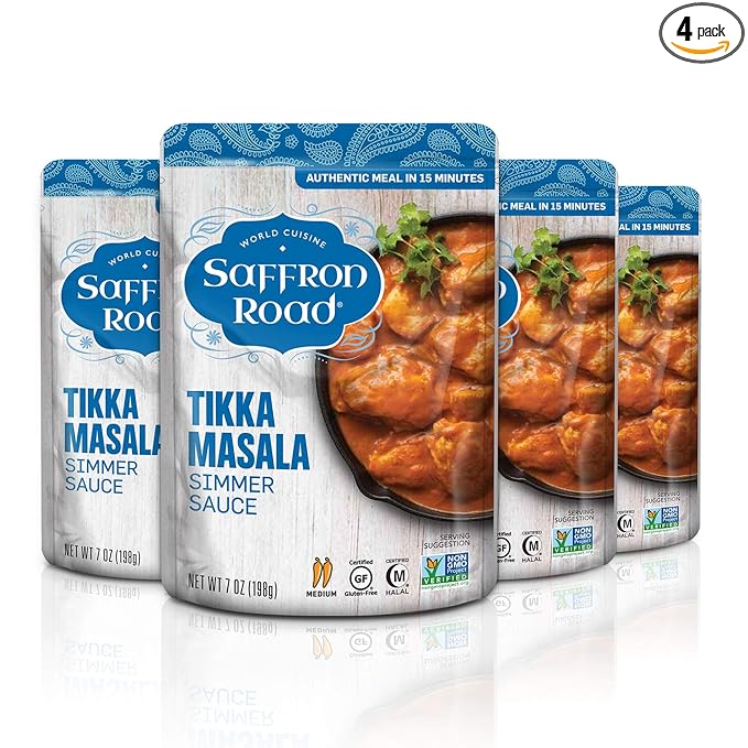 Saffron Road Tikka Masala Simmer Sauce | Globally Inspired Simmer Sauce | Gluten-free, Vegetarian, Non-GMO, and Certified Halal and Kosher | 7.0oz Pouch | Pack of 4