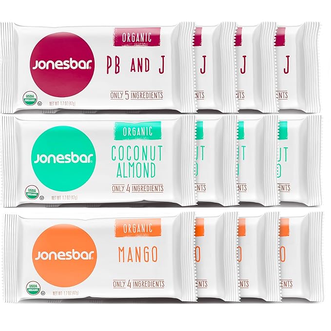 JONESBAR Fruit Lovers (12 Count (Pack of 1)), USDA Organic Fruit & Nut Bar, Non-GMO, Kosher, Vegan, Gluten Free, Simple Snack Bar