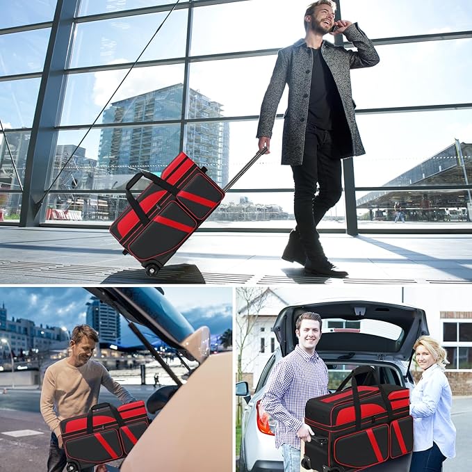 3 Ball Bowling Bag with Wheels, Bowling Bag 3 Ball Roller with Shoe Compartment (Fits Up to Size 16), with Multi-pocket and Retractable Handle Extends to 41.5"