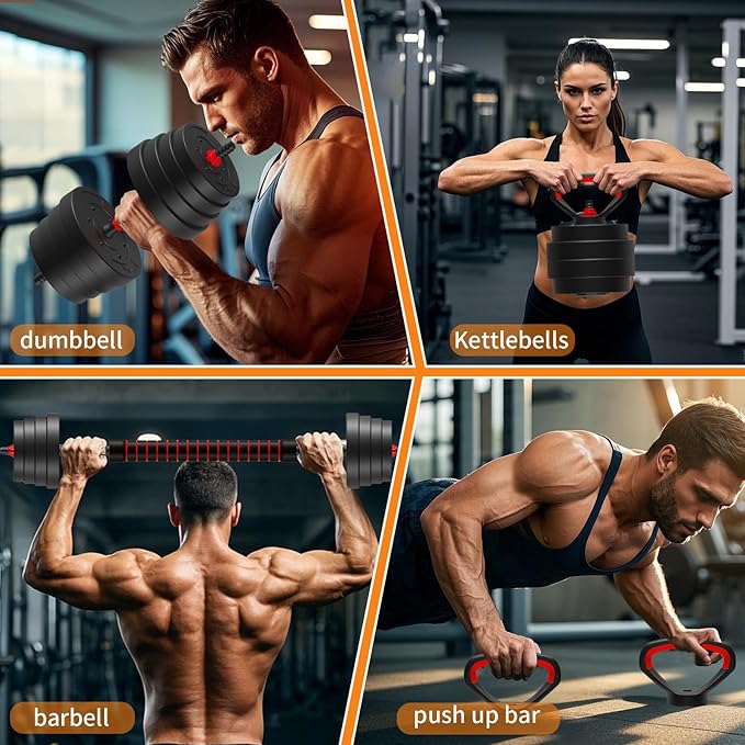 Adjustable Dumbbell Set 25/45/75/90LB, Changeable Dumbbell Set with Connecting Rod 4 in1 Dumbbells Set Used as Barbell, Kettlebells, Push up Bar, Fitness Exercises for Home Gym Suitable Men/Women