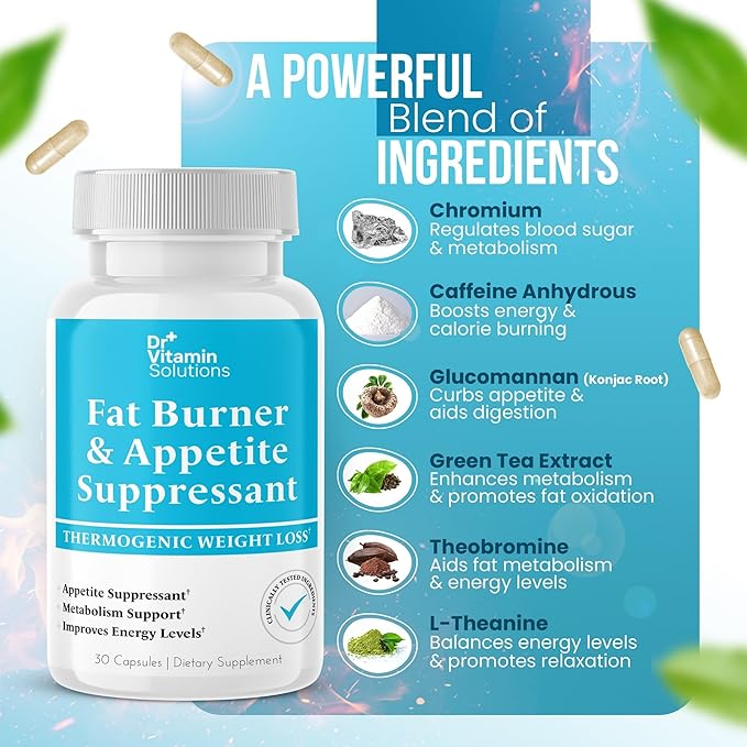 DR VITAMIN SOLUTIONS Fat Burner for Women & Men - Appetite Suppressant for Weight Loss - Pills w/Metabolism Booster Thermogenic Weight Loss Supplement - Chromium, Caffeine & Green Tea - 30 Ct.