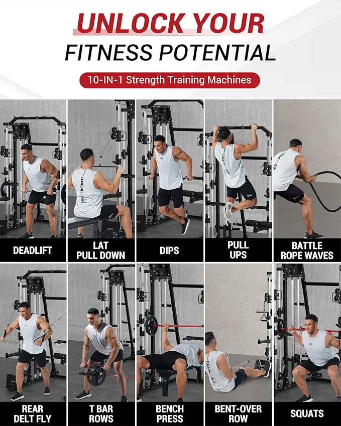 Smith Machine Home Gym, 2200 LBS All in One Squat Rack Power Cage with Smith Bar, Cable Crossover System & LAT-Pull Down System, Training Equipment