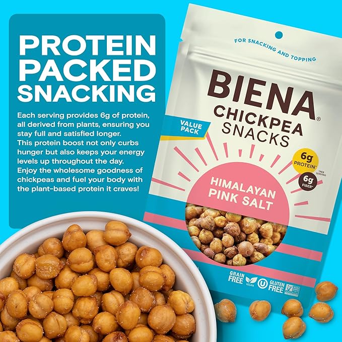 BIENA Chickpea Snacks - Crunchy Roasted Chickpeas - High Fiber Vegan Protein Snacks for Adults and Kids - Individual Pack - Himalayan Pink Salt