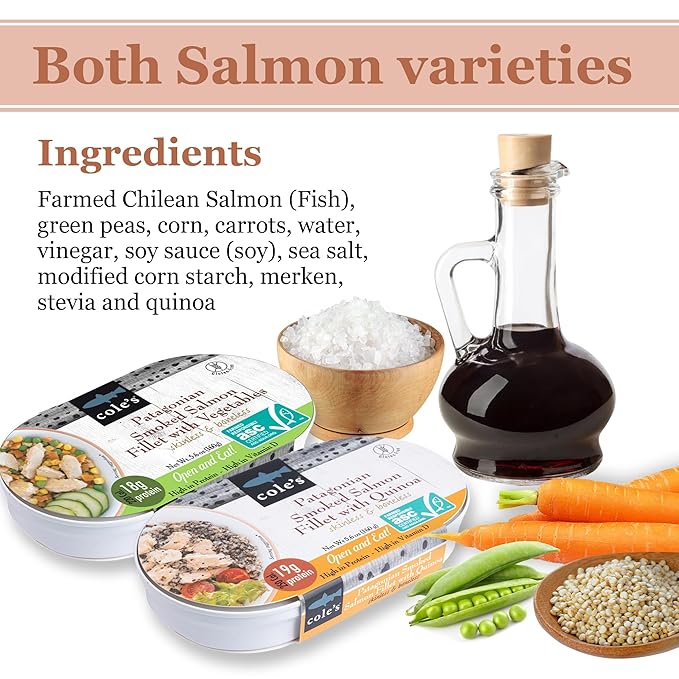 COLE’S Open & Eat Meals Variety Pack | 5.6 oz Hand-Packed Smoked Salmon & Trout with Quinoa & Vegetables | Ready to Eat Meals | High Protein - 12 pack