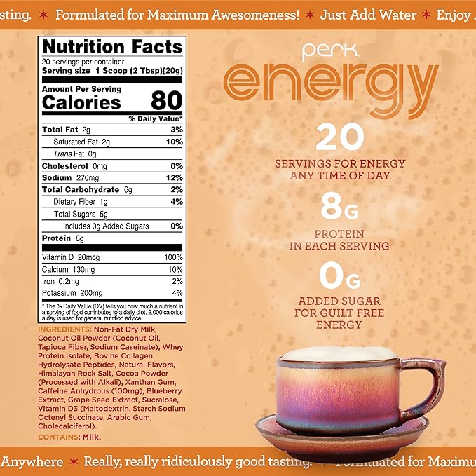 Perk Energy Original Vanilla Caramel Steamer Flavored Drink Powder (20 Servings) - Gluten-Free, Peanut-Free