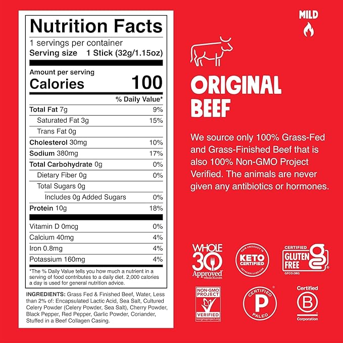 Chomps Grass-Fed and Finished Original Beef Jerky Snack Sticks 24-Pack, Keto, Paleo, Whole30, 10g Protein, Gluten-Free