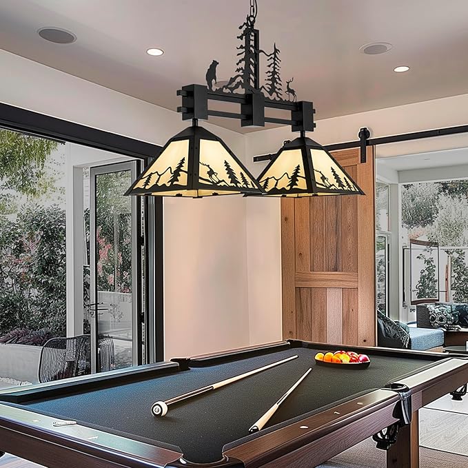 TOCHIC Pool Table Light 33''L, 2 Lights Hanging Billiard Light Fixture Overhead for Pool Billiard Table Rustic Black Chandelier Pendant Light for Dining Room, Kitchen, Game Room