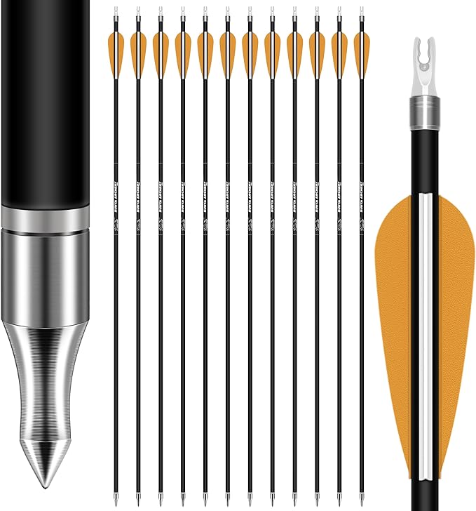 SUNYA 12-Pack 30 Inch Carbon Arrows Spine 500 or 400 for 40-60 LBS Bows｜Switch to Recurve/Compound Modes, Anti-Loose O-Ring & TPU Vanes for Hunting/Target Practice