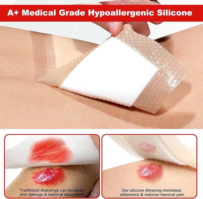 4" x 8" Pack of 10 Silicone Foam Wound Dressing - Waterproof Adhesive Bandages with Bordered - Super Absorbent & Breathable for Optimal Wound Care