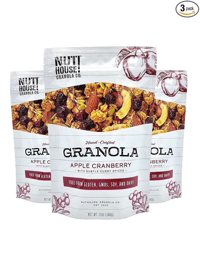NutHouse! Granola Company - Premium Apple-Cranberry Granola | Certified Gluten-Free, Non-GMO, Kosher | Vegan, Soy-Free | 12 oz. Bag (3-Pack)
