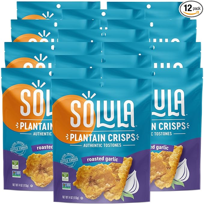 Solula Plantain Crisps Authentic Tostones, Roasted Garlic, 4 Ounce (Pack of 12), Kettle Cooked Chips, Gluten Free, Paleo Friendly, Grain Free, Vegan