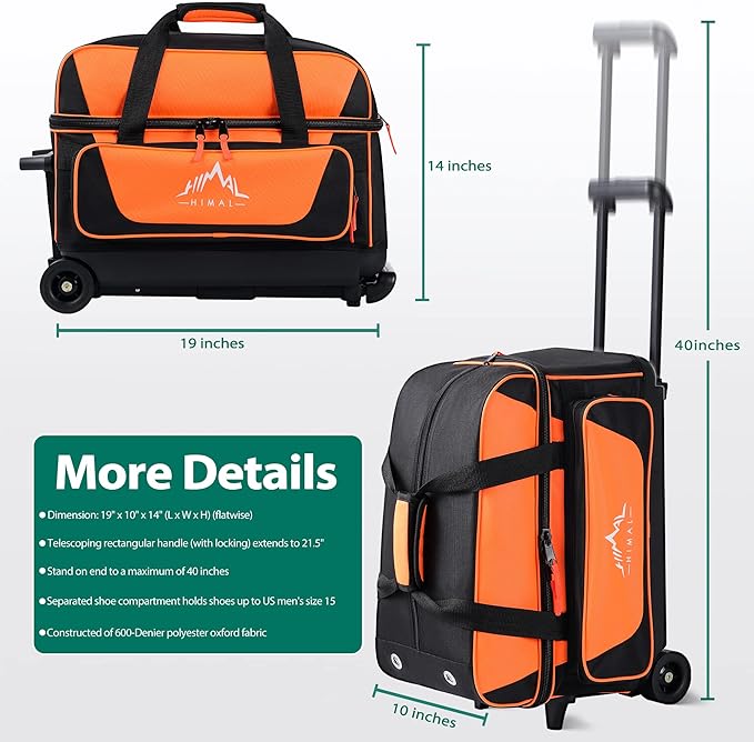 Double Roller 2 Ball Bowling Bag with Separate Shoe Compartment for Bowling Shoes (Up To US Mens Size 15) and Oversized Accessory Pocket, Retractable Handle - Extends to 40"