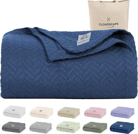 Cloud Scape Linen 100% Cotton Blanket King Size for Bed – Lightweight Summer Blanket, Herringbone Weave,fits California King Size Bed, 92x108,Ensign Blue