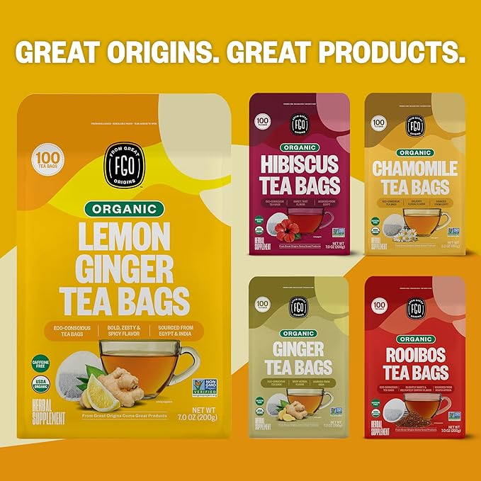 FGO Organic Lemon Ginger Tea, 100 Count, Eco-Conscious Tea Bags, Resealable Bag, Caffeine Free, Packaging May Vary (Pack of 1)