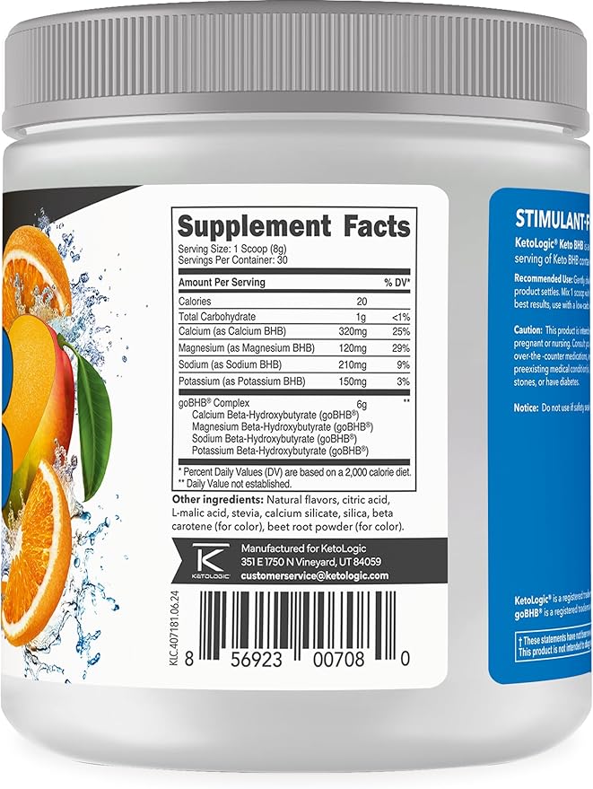 Ketologic Keto BHB (Orange Mango Flavor) 30 Servings - Exogenous Ketone Supplement with goBHB, Beta-Hydroxybutyrate Salts