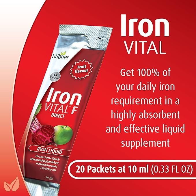 Iron Vital Liquid Iron Supply Plus Vitamin C, Dietary Supplement for Adults and Kids, Vegan and Gluten-Free, Fruit Flavor, Box of 20 Packets, 10 ml Each