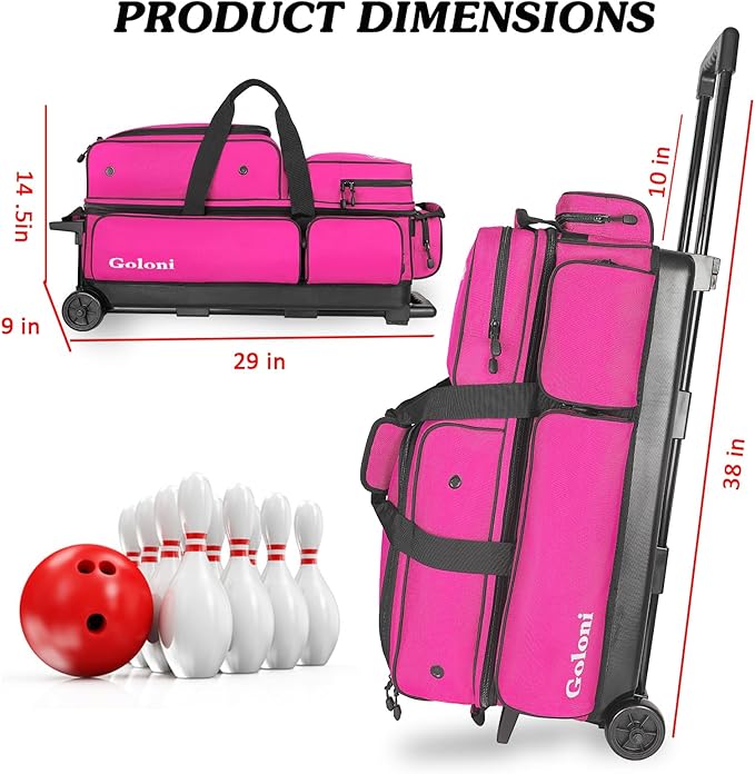 Goloni 3 Ball Bowling Bags with Wheels - Rolling Bowling Bag for 3 Balls & Accessories - Retractable Handle Extends to 38