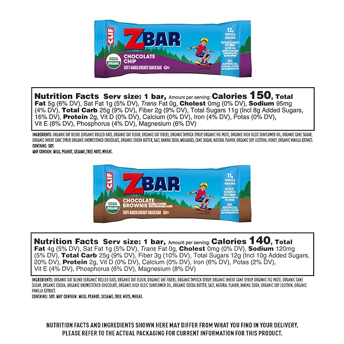 Zbar - Chocolate Chip and Chocolate Brownie - Variety Pack - Soft Baked Whole Grain Snack Bars - USDA Organic - Non-GMO - Plant-Based - 1.27 oz. (36 Count)