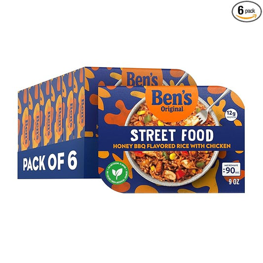 BEN'S ORIGINAL Street Food Honey BBQ Flavored Rice with Chicken, Prepared Entrée, Microwave in 90 Seconds, 9 oz (Pack of 6)