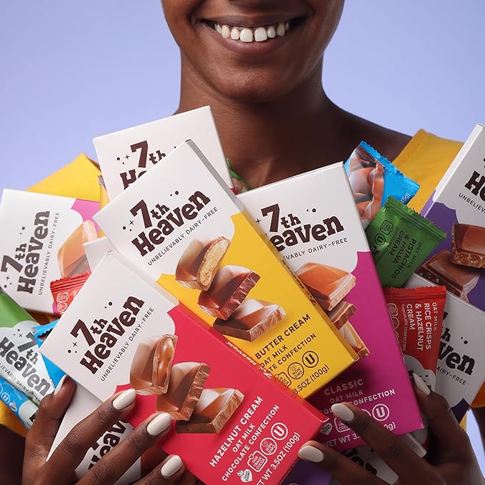 7th Heaven, Vegan Hazelnut Cream Oat Milk Chocolate Bar (3.5oz Full Size Candy Bars - 4 Packs) - Perfect for Easter Candy, Plant Based Dairy Free Chocolate with Peanut Butter Filling, Fair Trade Cocoa & Coconut Oil, Kosher Parve