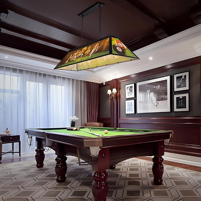 Wellmet Tiffany Pool Table Light, Dogs Playing Billiards Lights for 7' 8' 9' Pool Table, 5 Lights Billiard Fixture Hanging Pendant Lamp for Snooker Table, Cabin, Game Room, Men's Cave, Dining Room