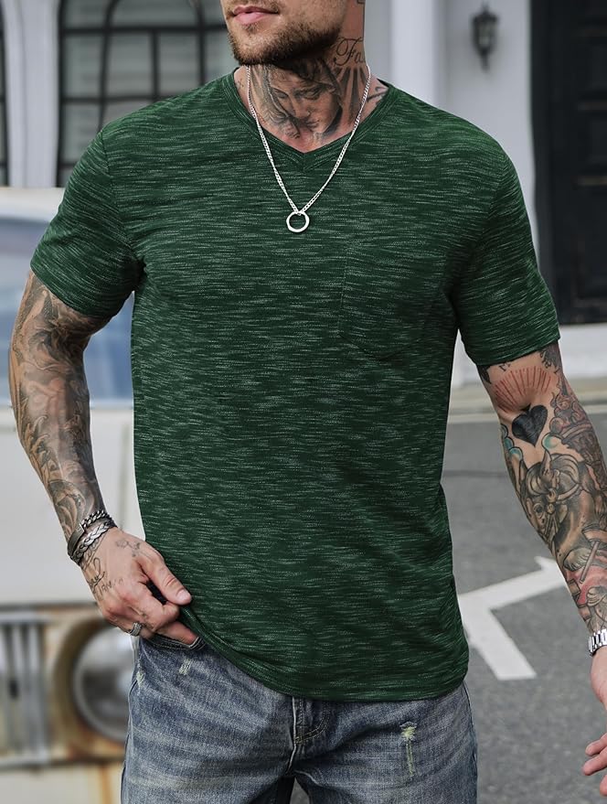 Men's V Neck T Shirts Casual Stylish Fitted Stretch Tee Shirt with Pocket (S-3XL)