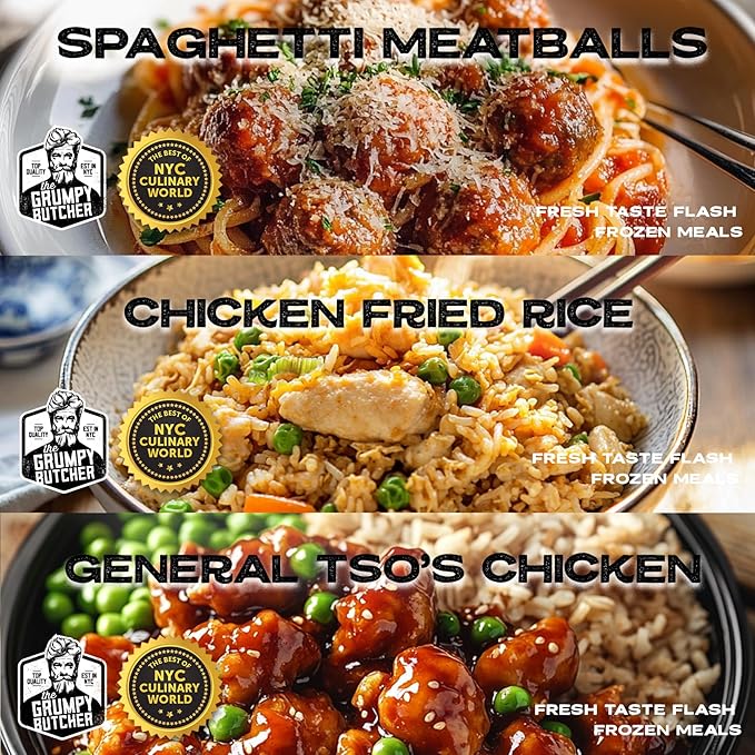 Grumpy Butcher Bistro Meals Set – 6 Pack (10-15 oz each) – Spaghetti & Meatballs, Chicken Fried Rice, General Tso’s Chicken – Protein Plus Wholesome Prepared Meals